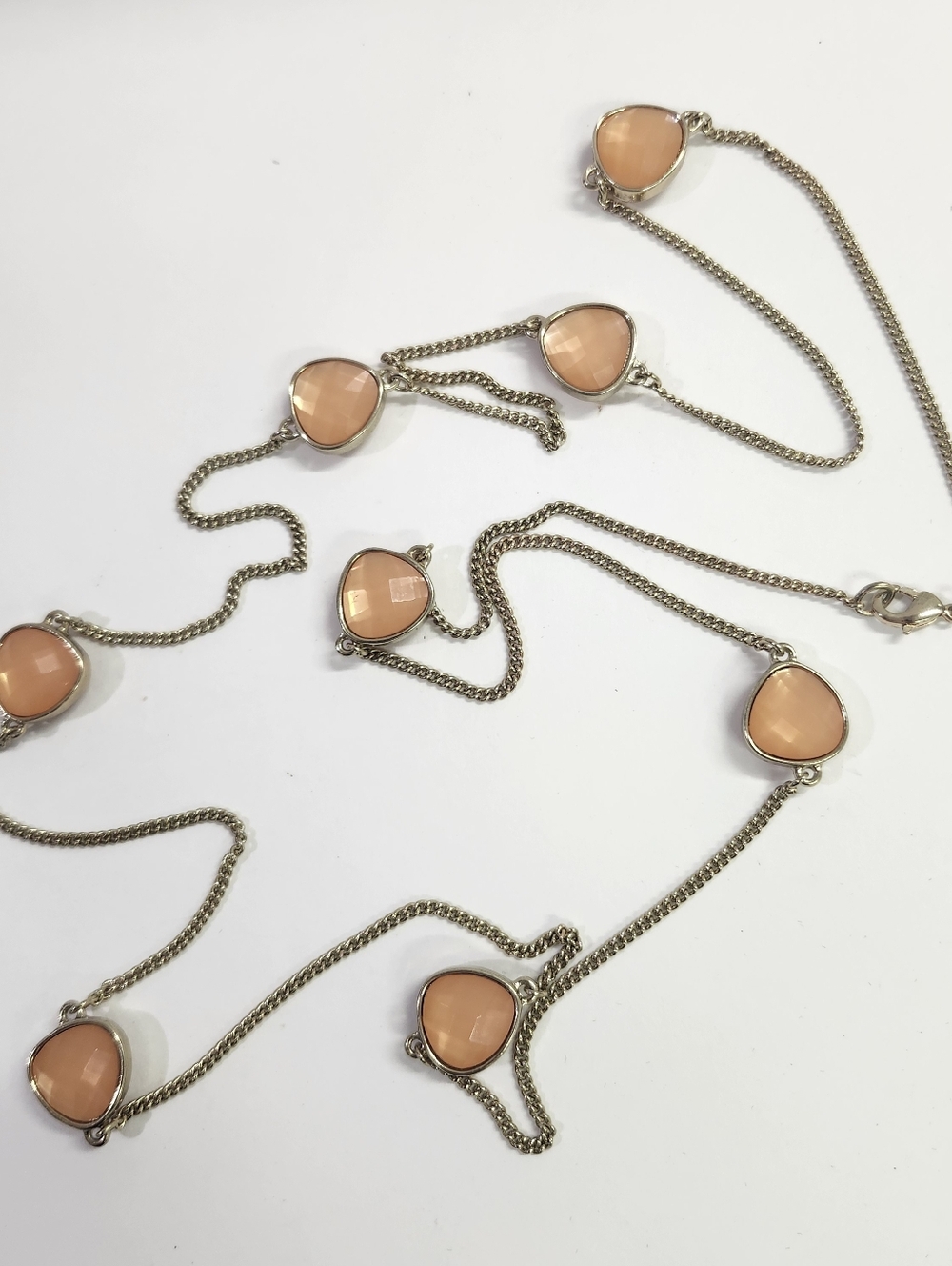 36"-40" Necklace With CORAL Colored Heart Shaped Gems.  Gold Tone Chain